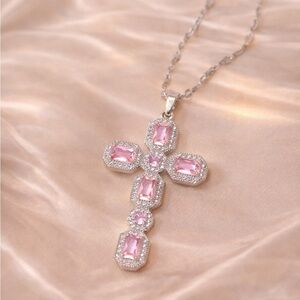 Silver Pink Diamond Cross Necklace